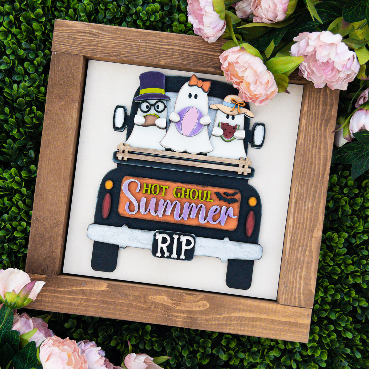 Summerween porch decor tile with a black truck, a Hot Ghoul Summer sign, and three beach-day ghosts, Millie & Co.
