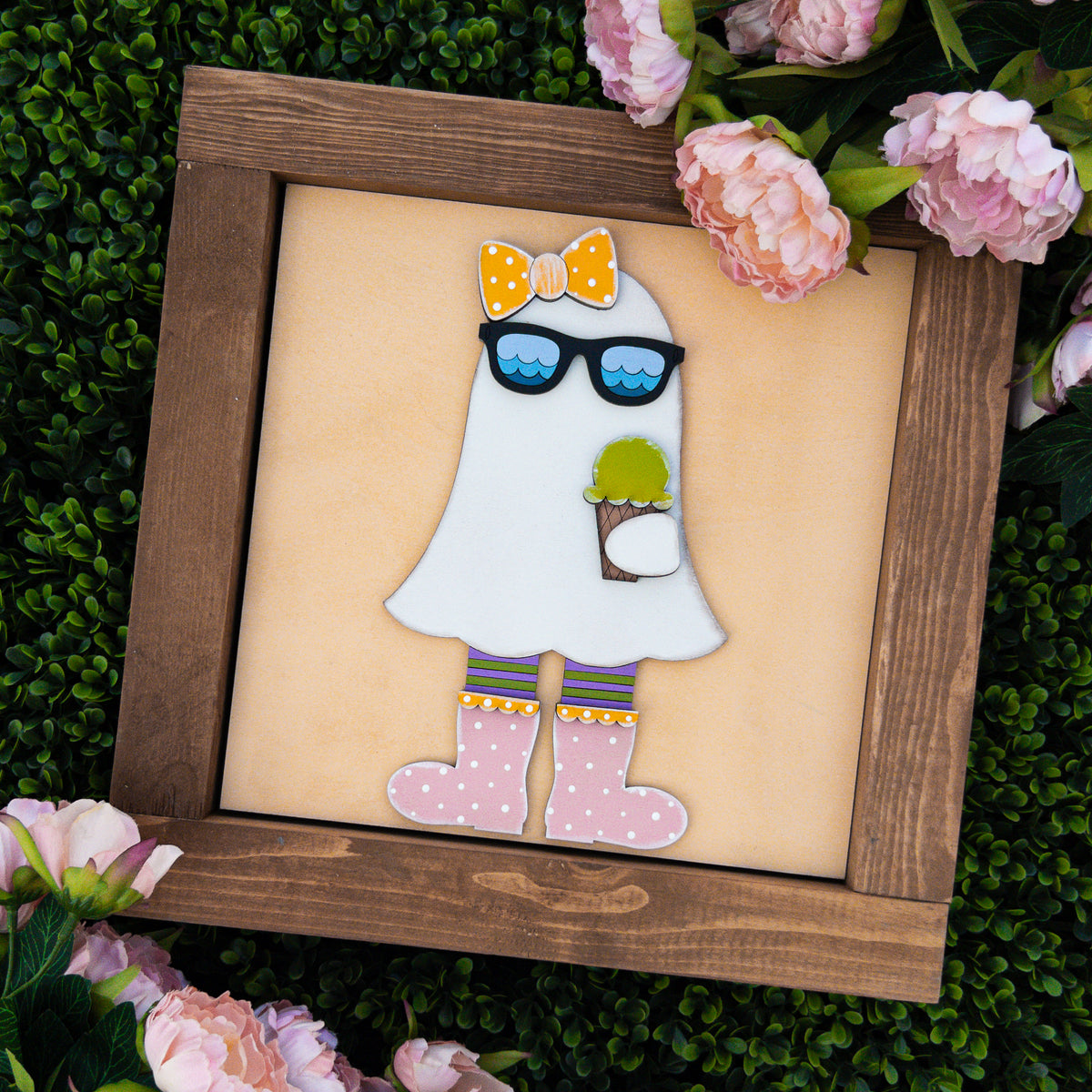 Summerween porch decor tile with a ghost in sunglasses and polka-dot boots holding an ice cream cone, Millie & Co.