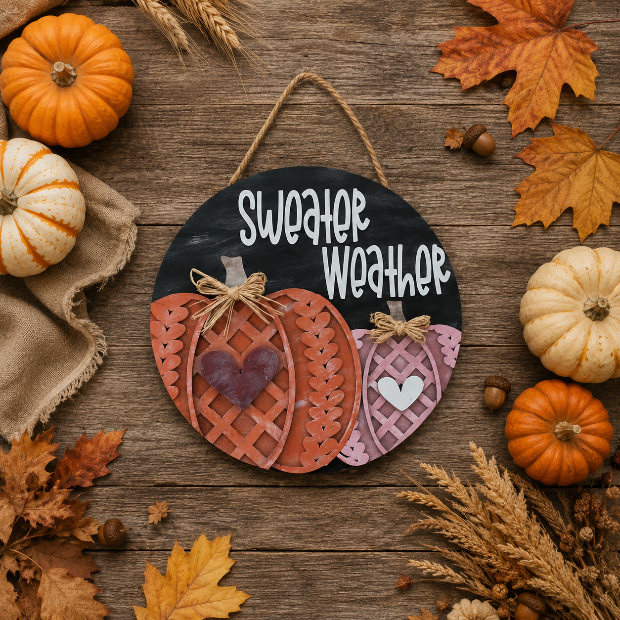Hand-painted Sweater Weather door round with pumpkin design displayed on a wood surface surrounded by pumpkins and fall leaves