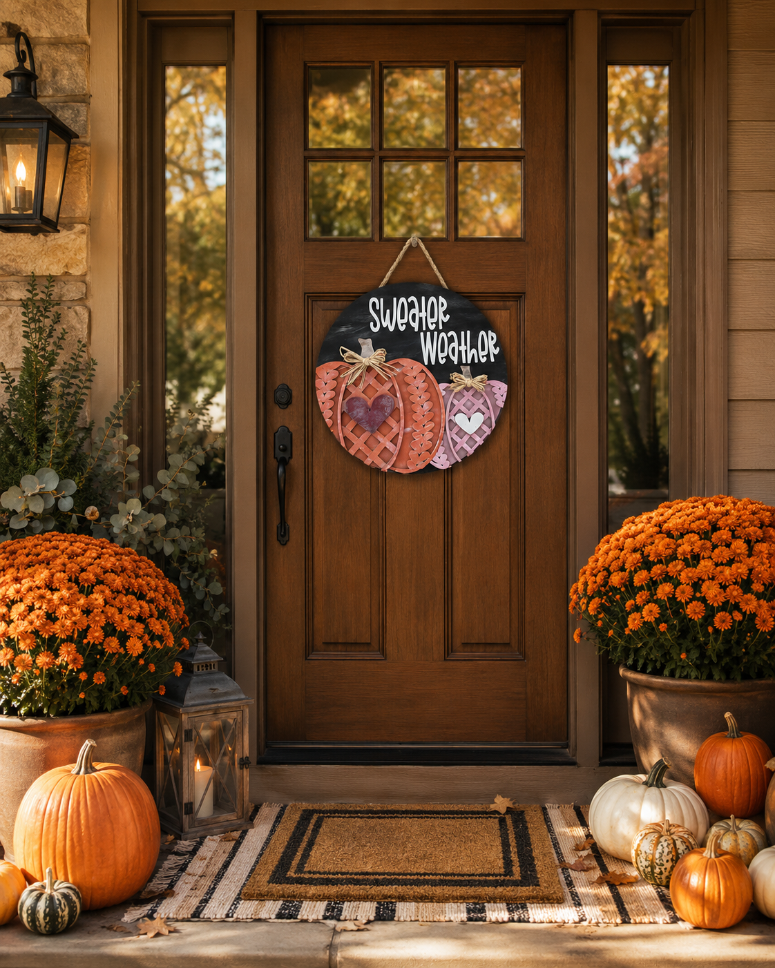 Sweater Weather door round hanging on a wooden front door between mums and pumpkins
