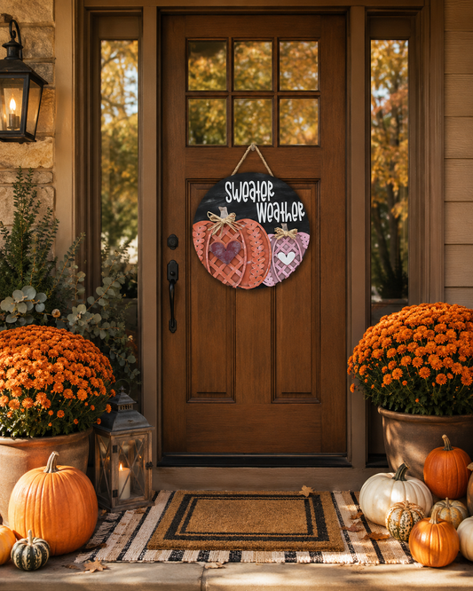 Sweater Weather door round hanging on a wooden front door between mums and pumpkins