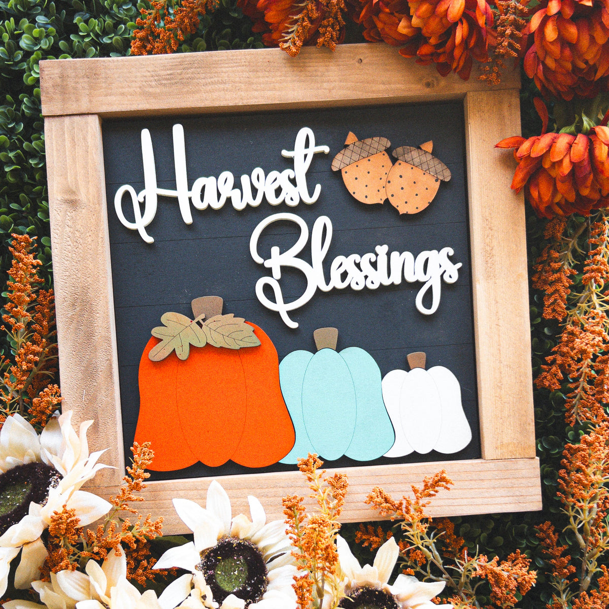 Harvest Blessings Thanksgiving porch decor tile with pumpkins and acorns, included in the Thanksgiving Porch Decor Ladder Look | Millie & Co.