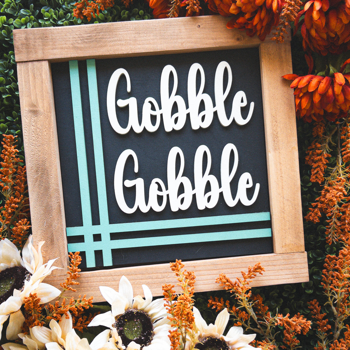 Interchangeable Thanksgiving porch decor tile reading Gobble Gobble in white script with mint green stripes in a stained wood frame | Millie & Co.