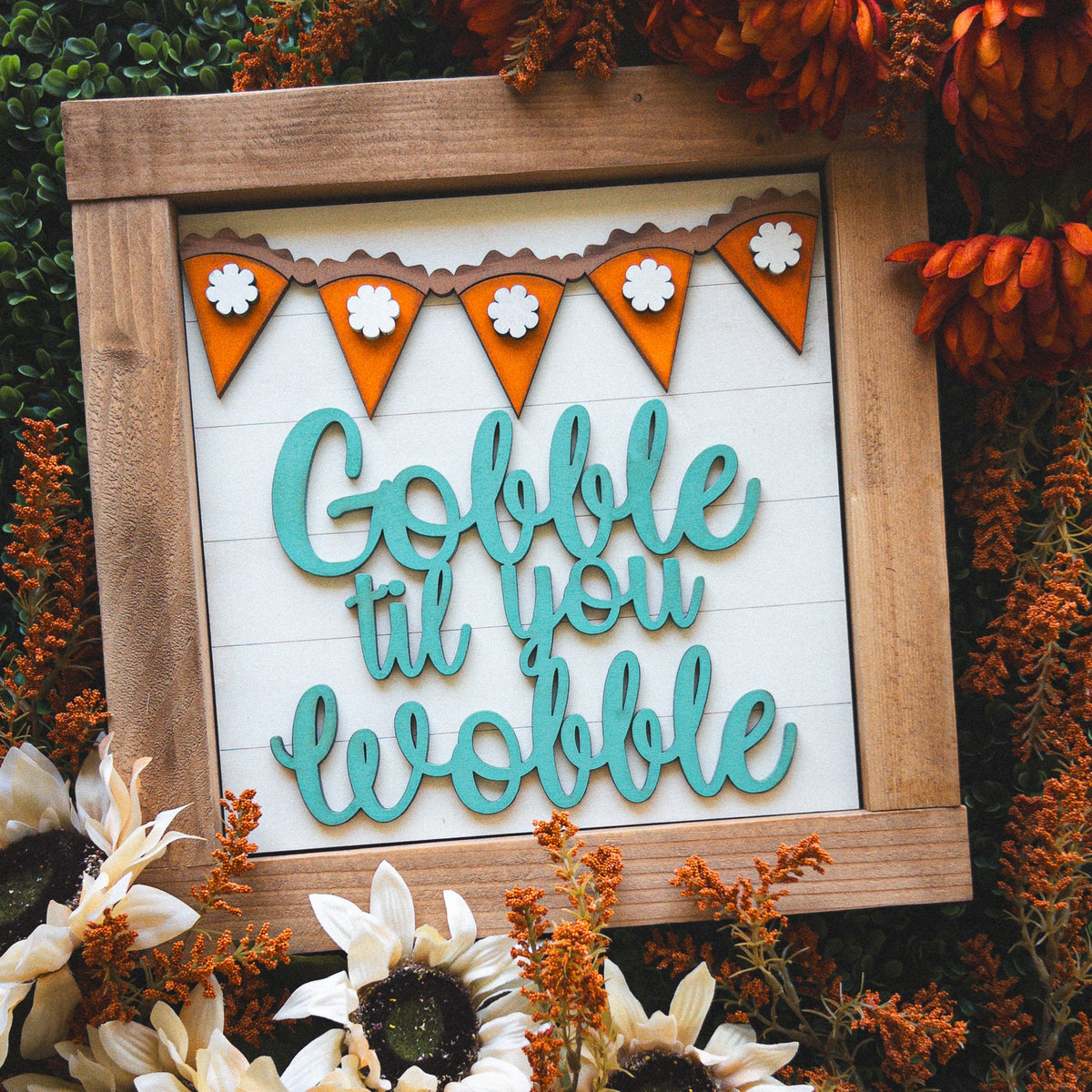 Gobble Til You Wobble Thanksgiving porch decor tile with a mini pie banner, included in the Thanksgiving Porch Decor Ladder Look | Millie & Co.
