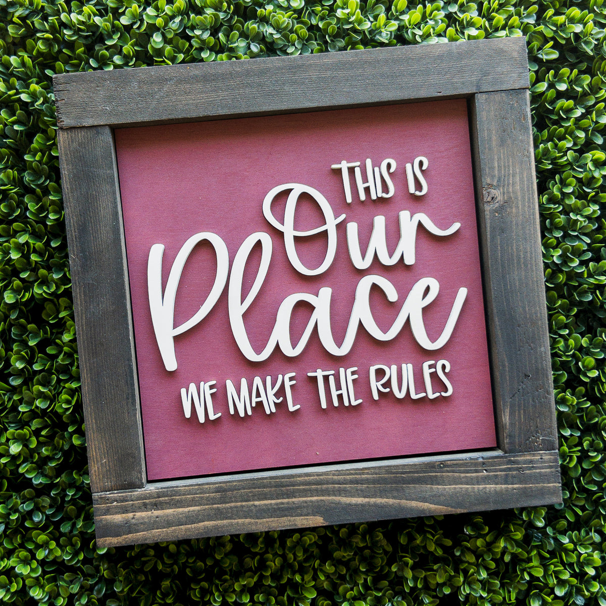 Interchangeable porch decor tile reading This is Our Place, We Make the Rules on berry red | Millie & Co.