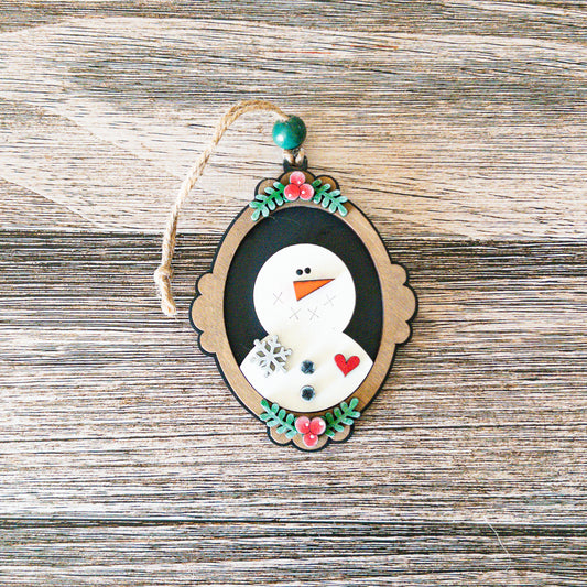 hand-painted vintage cameo snowman ornament with sparkly snowflake - Millie & Co.