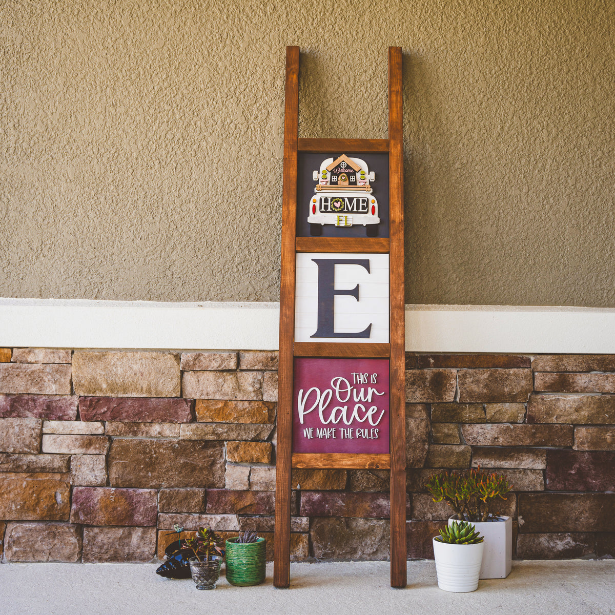 Walnut interchangeable porch ladder with truck, initial, and This is Our Place porch decor tiles | Millie & Co.